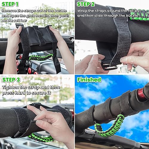 4 x Roll Bar Grab Handles Grip Handle for Jeep Wrangler JK JKU JL JLU TJ YJ Sports Sahara Freedom Rubicon Unlimited Gladiator JT 1955-2023 UTV ATV Premium 550 Paracord Interior Accessories (Green) by E-cowlboy - Image 5