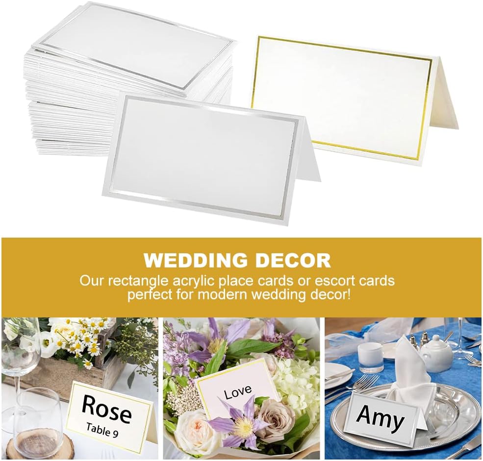 Place Cards Pack of 50 Premium Tent Name Place Cards for Table Setting with Silver Edge Border 3.3x2.01 inches - Perfect for Weddings, Banquets Dinner Parties and Any Other Events