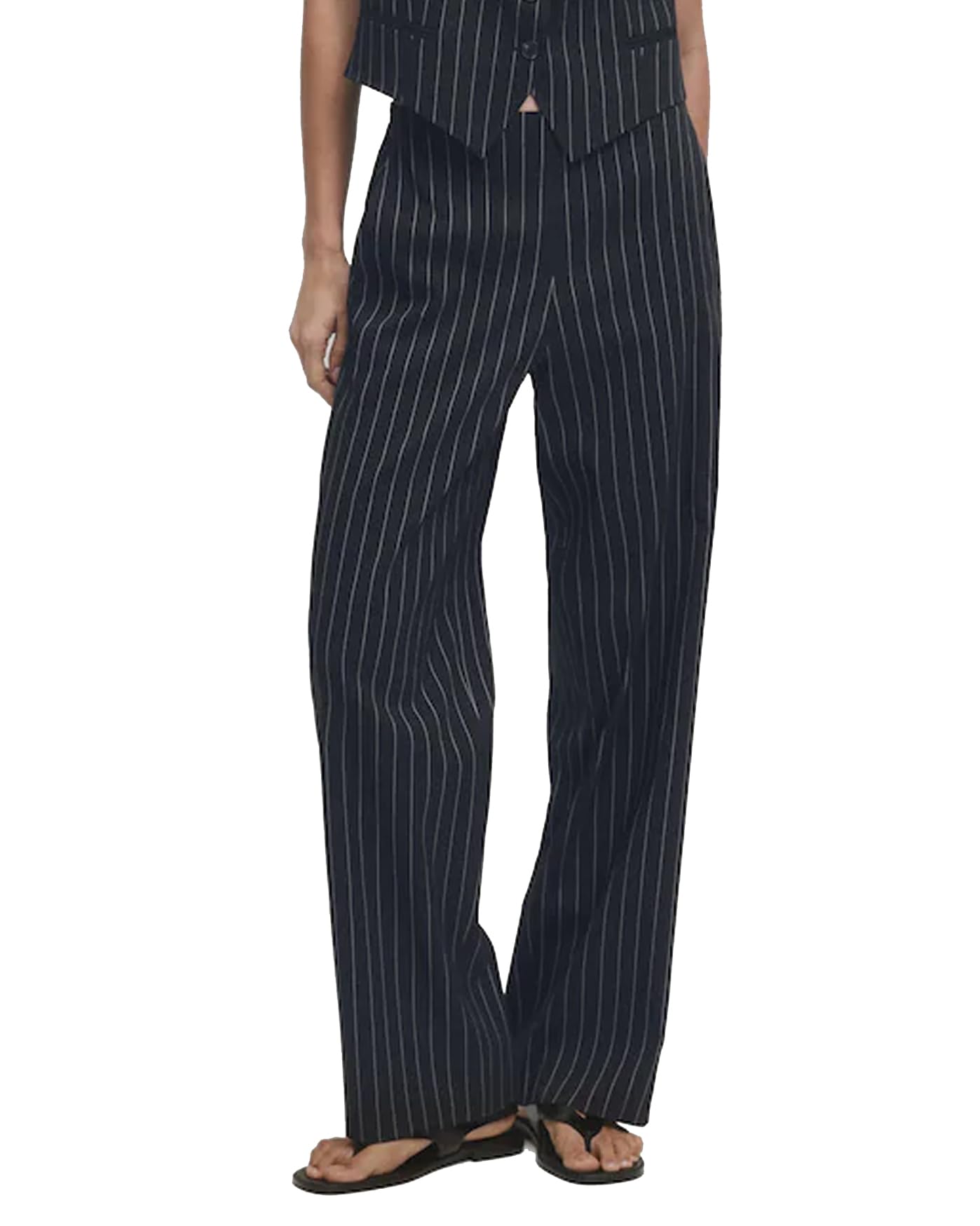 Womens Straight Leg Striped Pants High Waist Business Work Casual Pinstripe Long Palazzo Trousers with Pockets