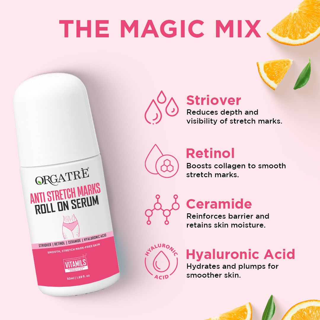 Orgatre Anti Stretch Marks Roll On Serum for Women With Striover | Retinol, Ceramide & Hyaluronic Acid | Lightweight & Non-Greasy | Reduces Stretch Marks & Boosts Elasticity | Safe for Pregnancy | 50ml - Image 5 thumbnail