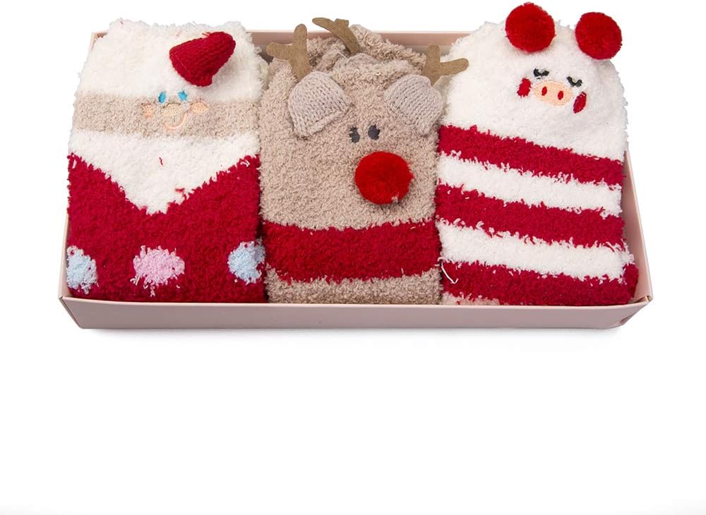 Christmas Fuzzy Socks for Girls - 3 Pairs of Women Cabin Slipper Socks Cute Animal Super Warm