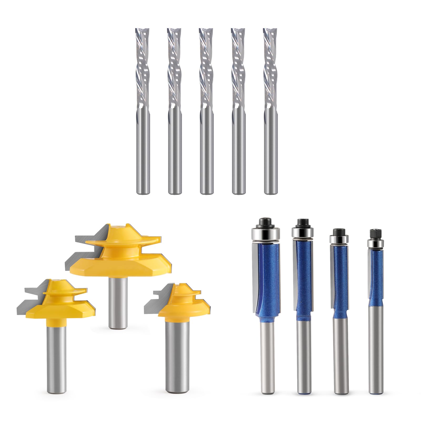 Downcut Bit 1/8" Shank,Flush Trim Router bit 1/4 Shank Bearing Flush Trim Router Bit, 45 Degree Lock Miter Router Bit 3-Piece Set