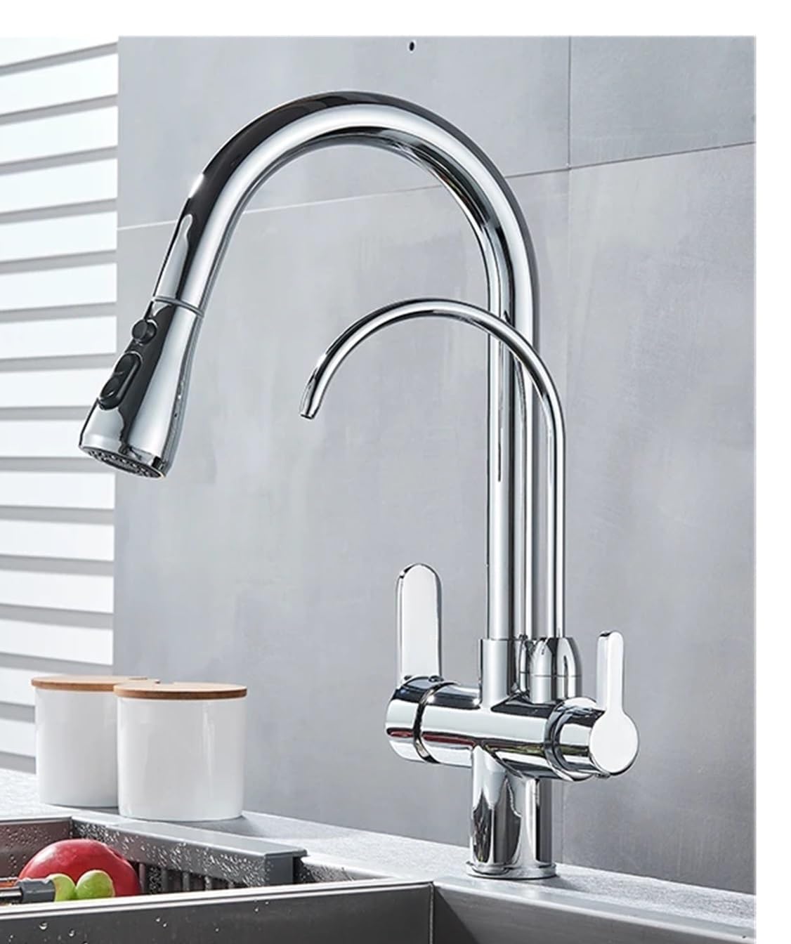 Robinet de cuisine en laiton mitigeur double poignée extractible et bec pivotant salle de bain