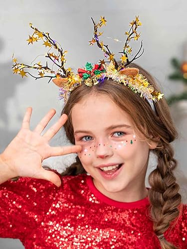 Miniatura 5 de CASDRE Diadema de cornamenta de reno de Navidad, estrella dorada iluminada, aro, campana, accesorios brillantes para el cabello para mujeres y niñas
