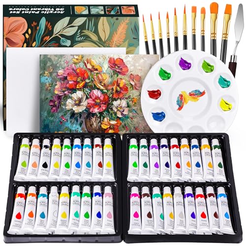 DazSpirit Set Pintura Acrilica,36 Tubos de Pinturas Acrilicas 12ml para Lienzos Madera Y Manualidades,con 10 Pinceles, Raspador Y Paleta, Pintura Acrílica Para Adultos, Niños,Artistas Principiantes