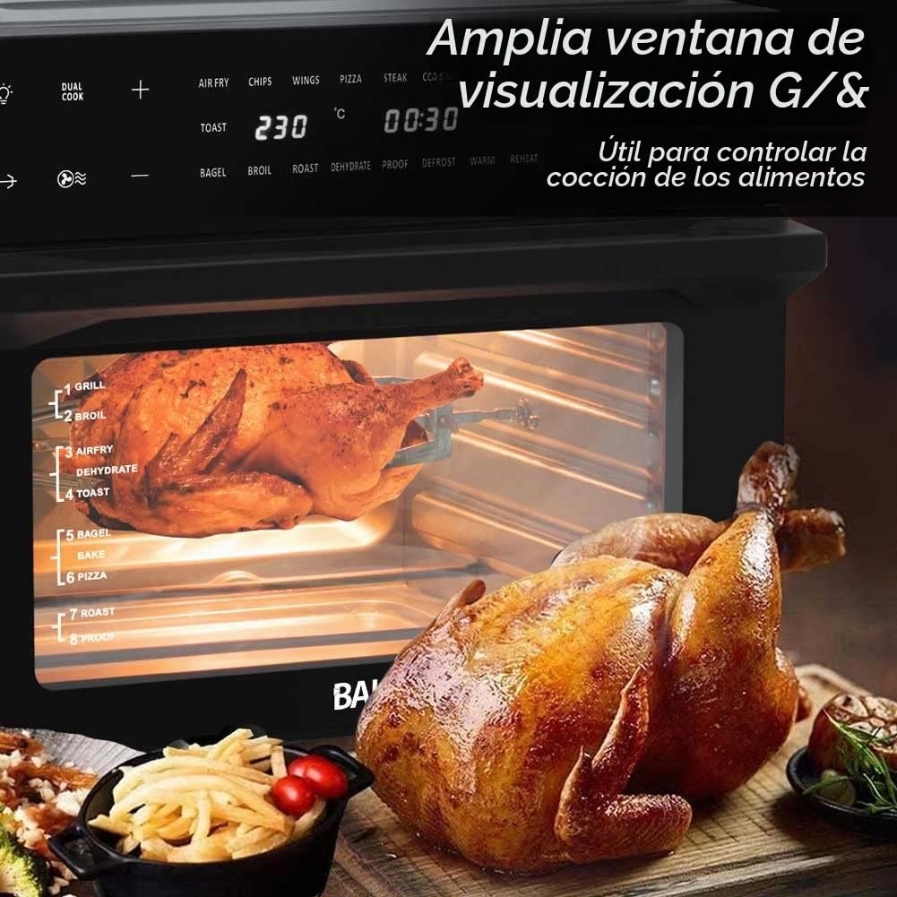 Bakaji Horno freidora de aire caliente, capacidad de 30 litros, 1800 W, freidora seca sin aceite, con pantalla táctil, 18 programas, función de doble cocción, temporizador, regulación de temperatura,