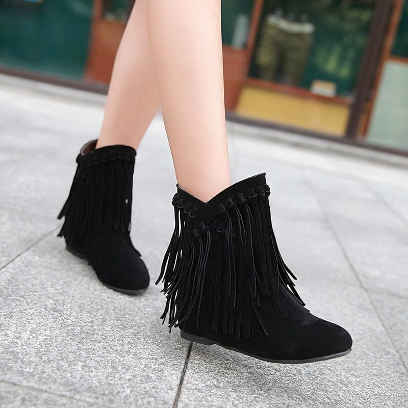 Womens Ankle Fringe Boots Round Toe WinterWide Calf Flat Tassel Moccasin Boots Casual Hidden Wedge Low Heel Ankle Boots3