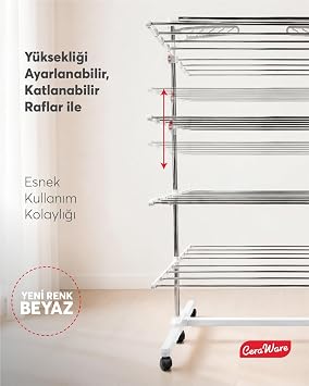 Ceraware Home S4 Premium 4 Katlı BEYAZ Çamaşırlık Made in Korea Tam Katlanır Tekerlekli Çamaşır Kurutmalık