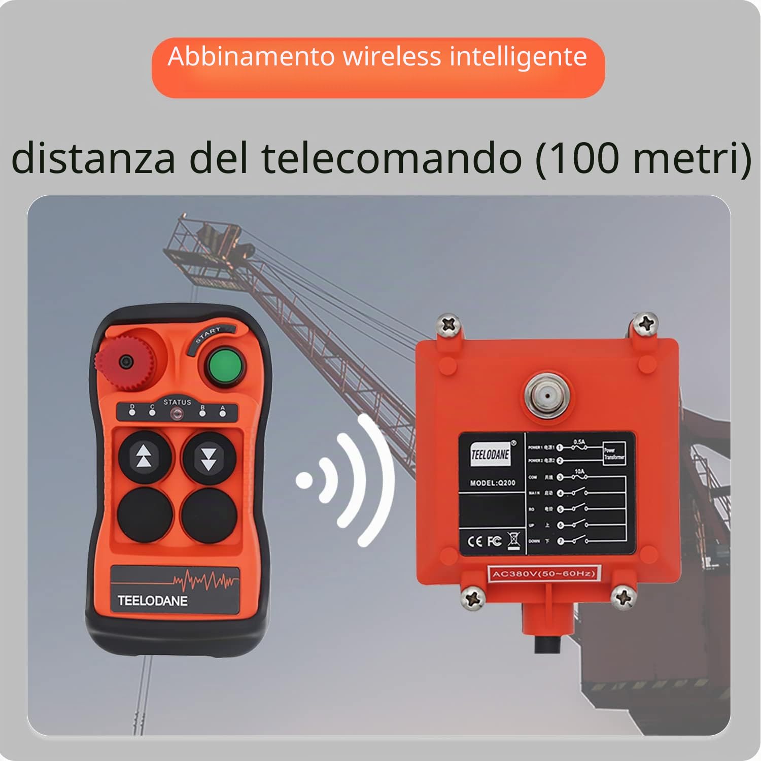 Kit telecomando per gru wireless industriale Q200 1 pulsante Motion 2 Ricevitore trasmettitore paranco elettrico 12v 24v con arresto di emergenza (AC/DC 12-24V)