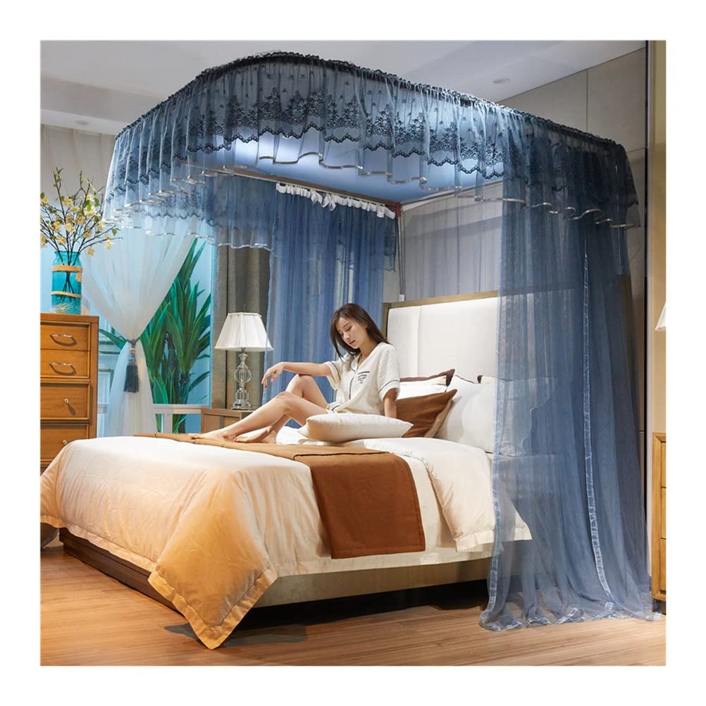 GJMSSMY European luxury bed canopy mosquito net with U-shaped metal bracket, bedroom Romantic decorative bed curtains, (Color : Blue-1, Size : 150X200CM)