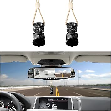 Bling Car Hanging Bottle, 2PCS Crystal Rhinestone Empty Clear Vehicle Essential Diffuser Glass Pendant with Wooden String, Diamond Auto Interior Oil Vase Decor, Universal Fit Black