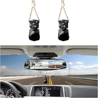 Bling Car Hanging Bottle, 2PCS Crystal Rhinestone Empty Clear Vehicle Essential Diffuser Glass Pendant with Wooden String, Diamond Auto Interior Oil Vase Decor, Universal Fit (Black)