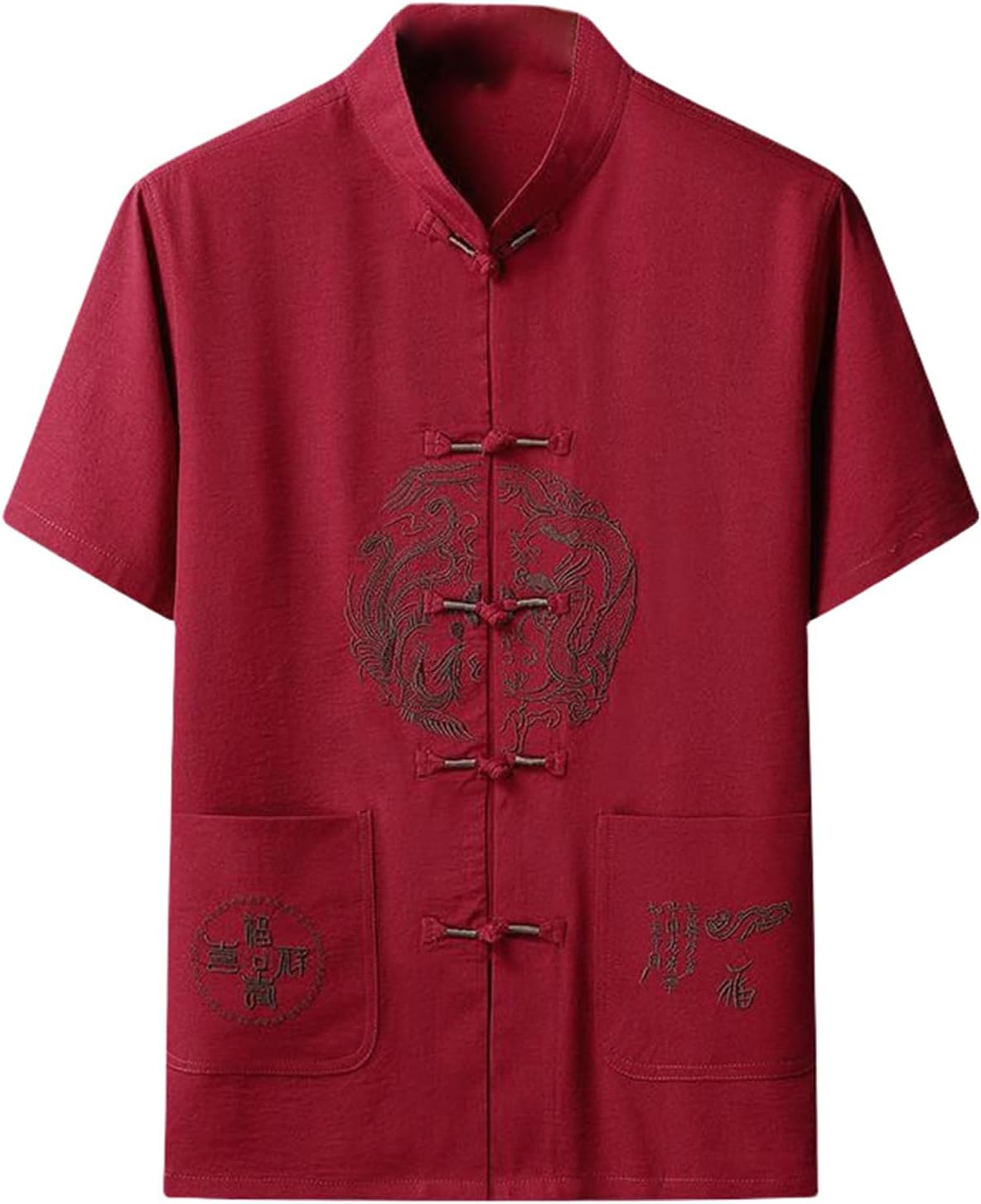 Men's Summer Casual Chinese Style Tang Suit Linen Embroidered Short Sleeve Top Lay Buddhist Style