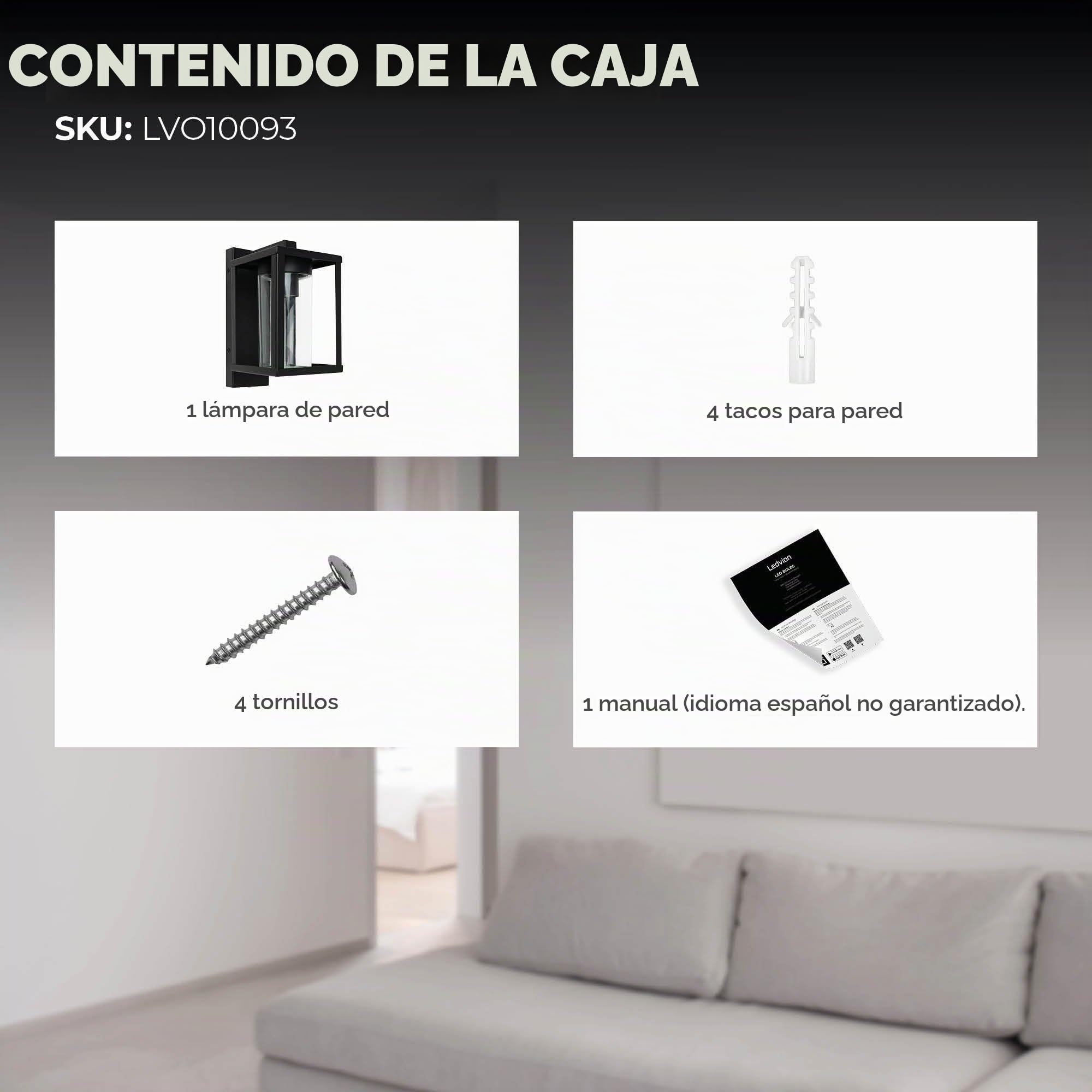 Ledvion - Lámpara de Pared LED con Sensor, Casquillo E27, IP44, Negra y Cuadrada, Lámpara Exterior, Iluminación Exterior