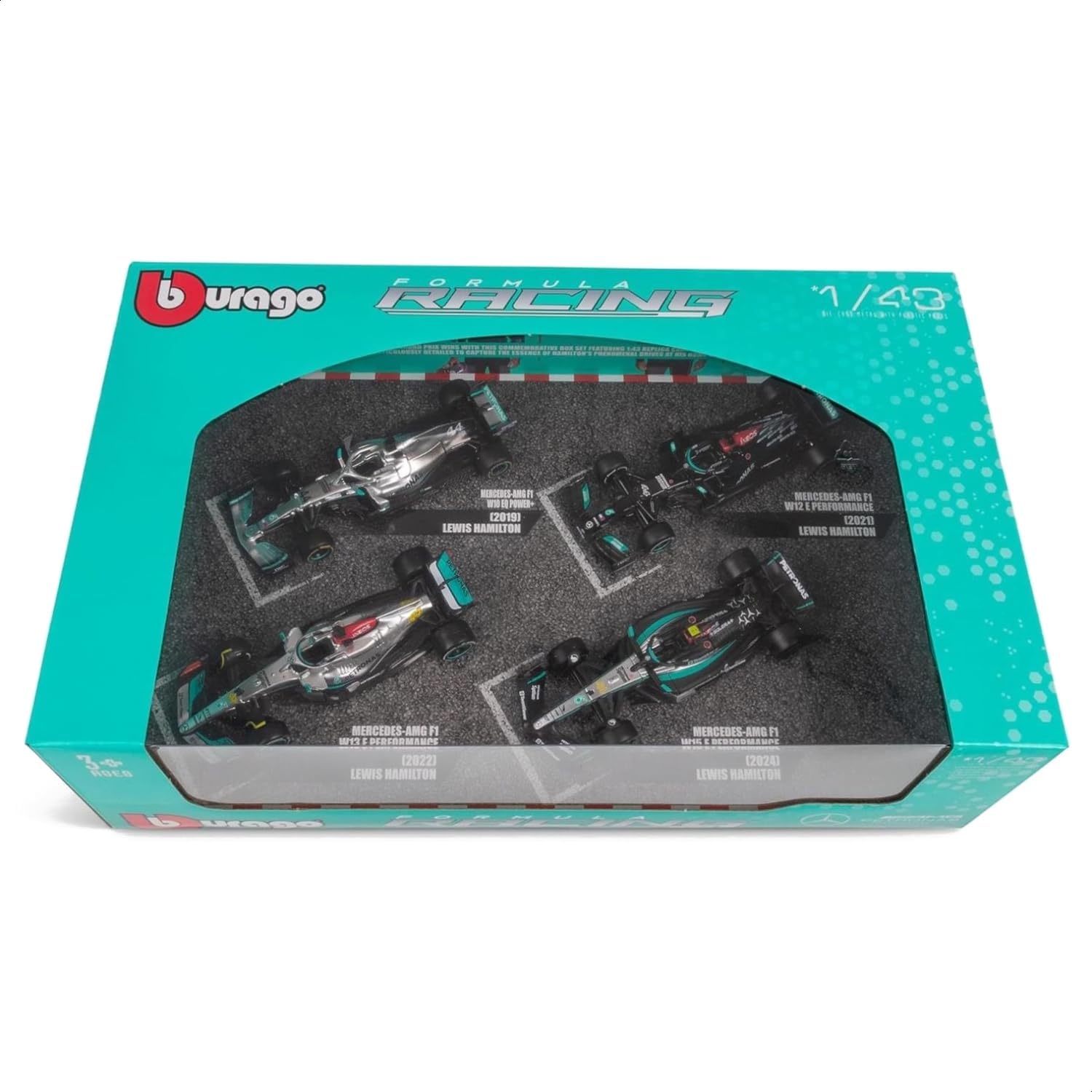 Bburago Formula 1 F1 4-Car Set - Mercedes AMG Petronas W12 W13 W14 - Hamilton, Russell - 1:43 Scale - Incredibly Detailed Die-Cast Collectible Replica Race Cars, Black and Silver