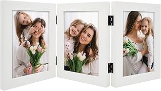 Frametory, 5x7 Trifold Picture Frame Hinged Photo Frames Three Folding Frame Desktop Glass Frame Vertical (White, 5x7 Triple)