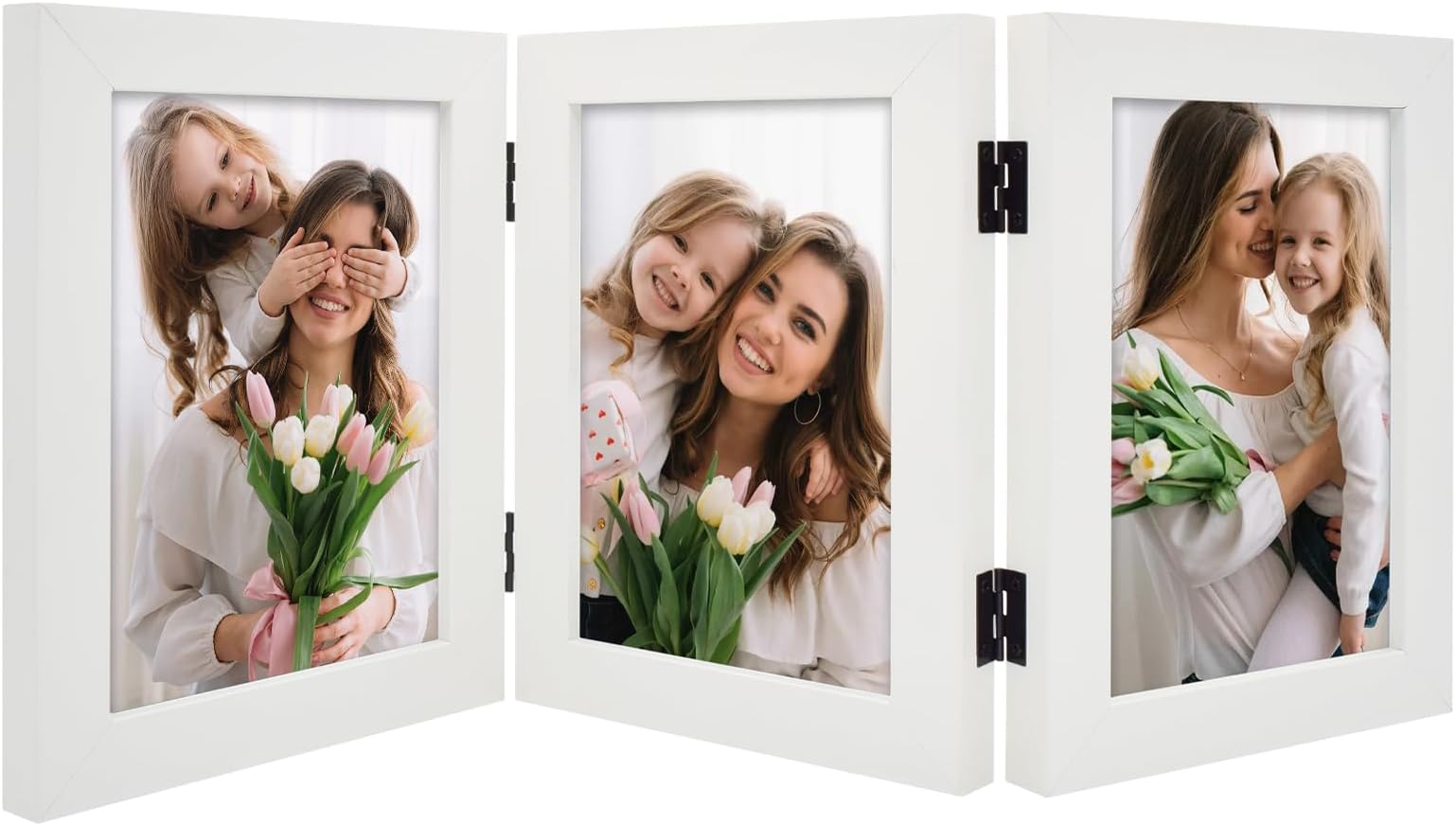 Frametory, 5x7 Trifold Picture Frame Hinged Photo Frames Three Folding Frame Desktop Glass Frame Vertical (White, 5x7 Triple)