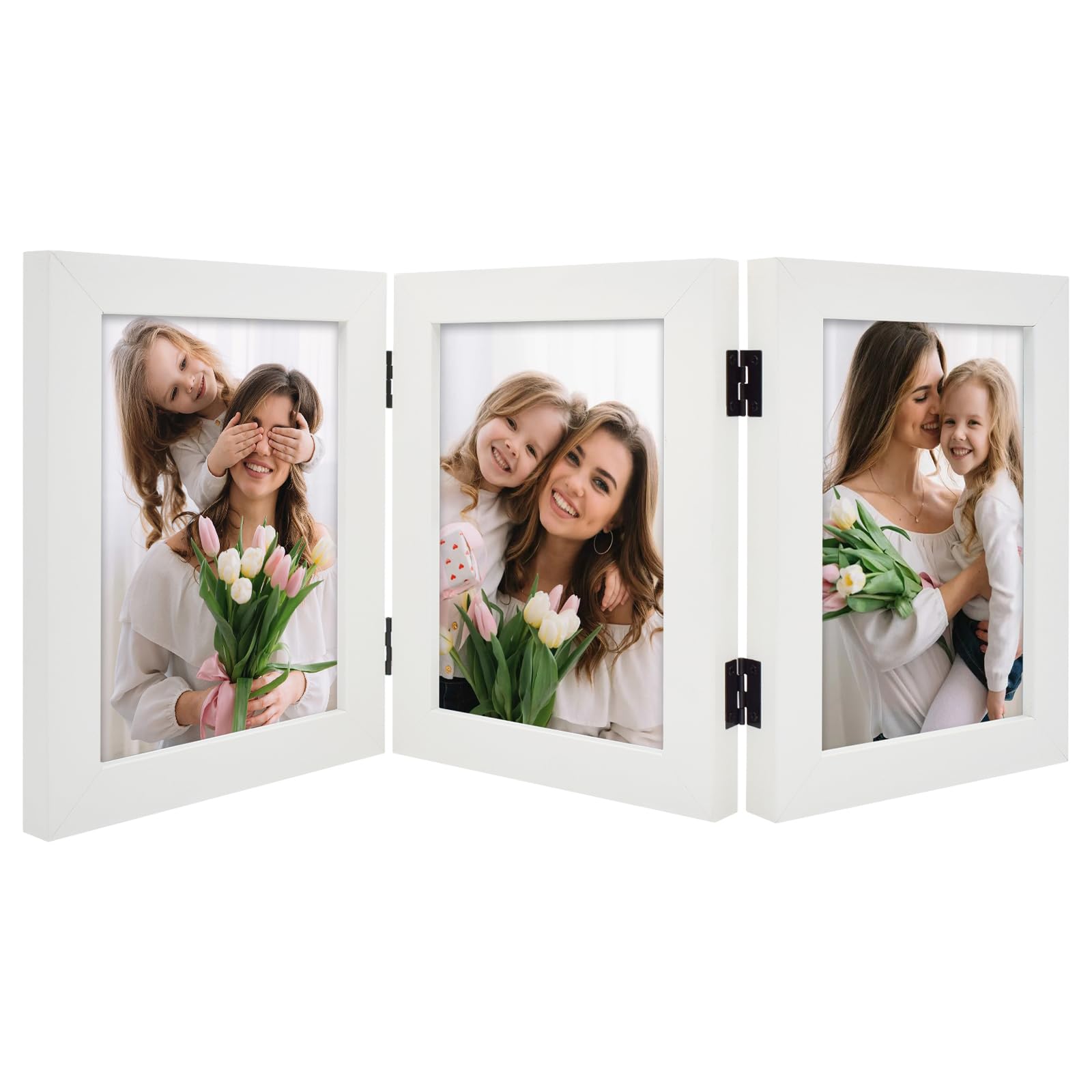 Frametory, 5x7 Trifold Picture Frame Hinged Photo Frames Three Folding Frame Desktop Glass Frame Vertical (White, 5x7 Triple)