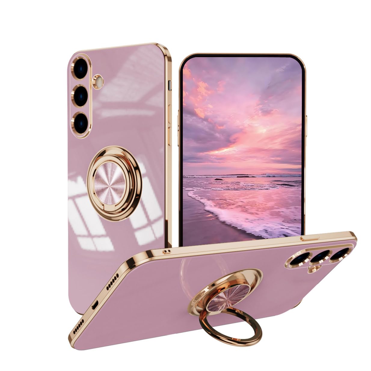 UPLAI Stilvoll Hülle für Samsung Galaxy S25 FE, Slim Stoßfest Galvanik-Design Handyhülle Case mit Ringhalter, Sanft TPU Silikon Bumper Schutzhülle Cover.Violett
