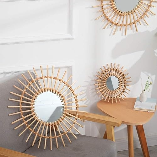 Miniatura 4 de OYPEIP Decoración de cristal colgante de ratán natural pequeño de 12 pulgadas, diseño rústico hecho a mano, innovador espejo de maquillaje redondo