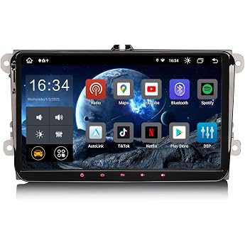 Erisin 9 Inch Android 14 Car Radio with GPS Navigation for VW Golf 5/6 T5 Touran Polo Sharan Passat Tiguan Seat Skoda WiFi 4G Bluetooth DAB+ RDS OPS CarPlay Android Car DSP OBD2 Canbus 8-Core 4GB + 64GB