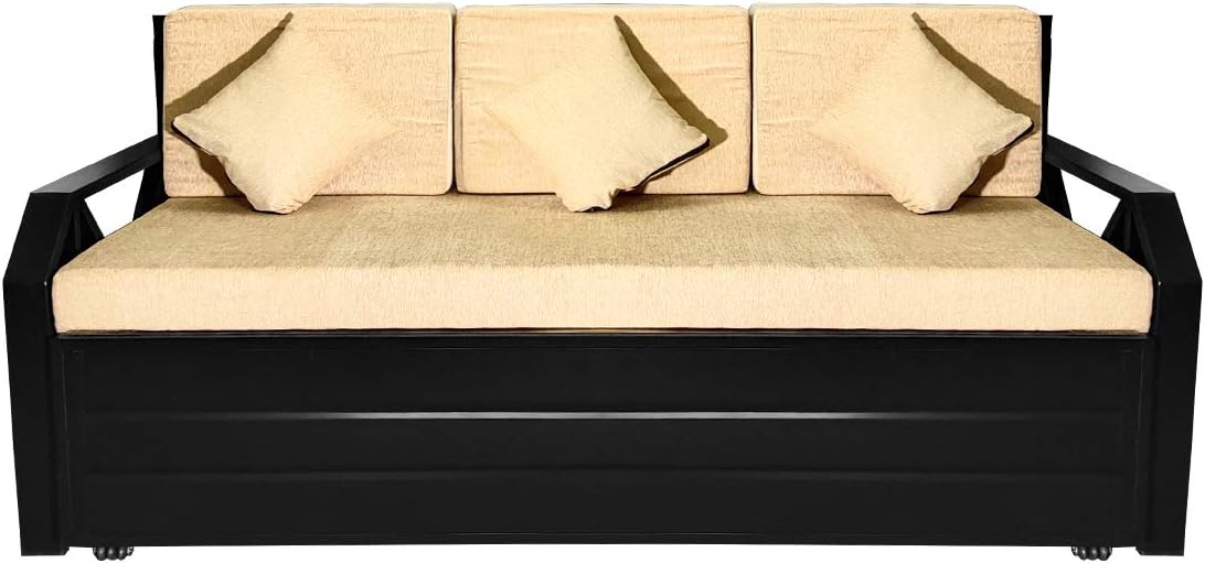 Royal Bed Manufacturer King Size Metal Sofa Cum Bed with Hydraulic Storage | 3 Seater | 6 X 6 | Washable Cream Fabric, Matte Black Finish