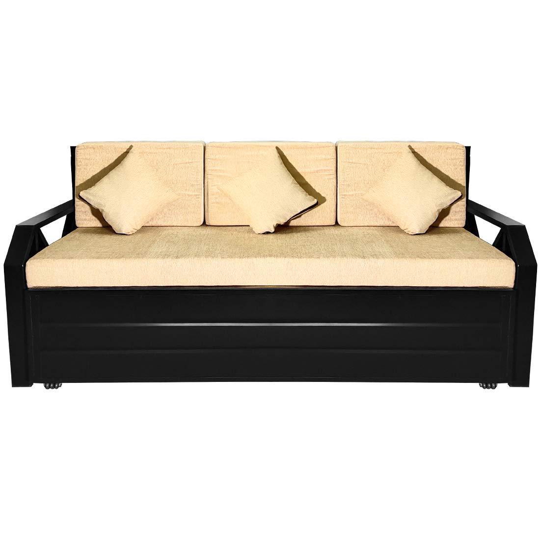 Royal Bed Manufacturer King Size Metal Sofa Cum Bed with Hydraulic Storage | 3 Seater | 6 X 6 | Washable Cream Fabric, Matte Black Finish