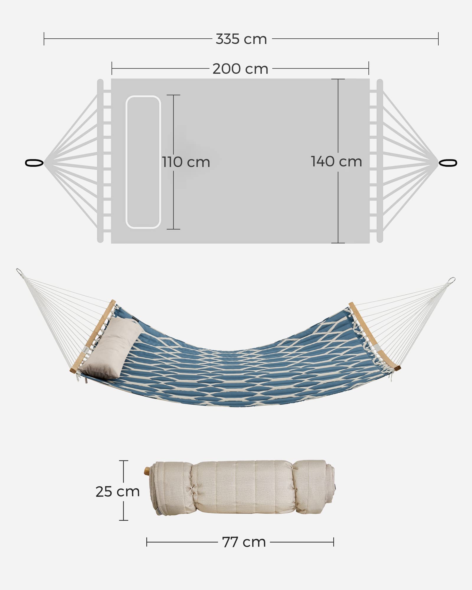 SONGMICS Amaca in Tessuto Trapuntato con Aste Curve in Bamboo Rimovibili, Cuscino, 200 x 140 cm, Capacità di Carico da 225 kg, Blu e Rombi Beige GDC034I02