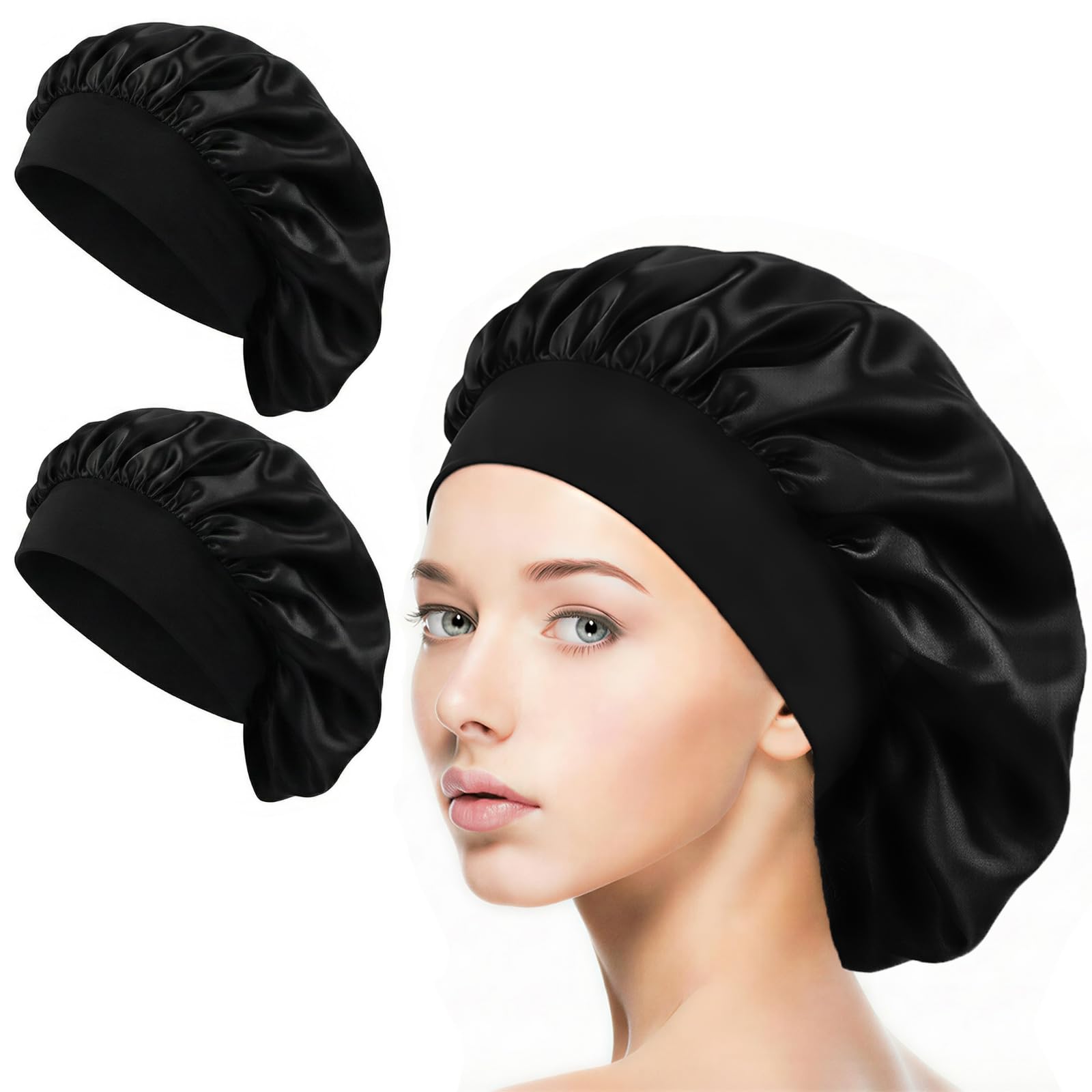 Lot de 2 Bonnets de Nuit en Soie - pour la Nuit - pour la Nuit - pour protéger Les Cheveux - Bonnet de Sommeil en Satin - Bonnet de Sommeil pour Dormir - Noir