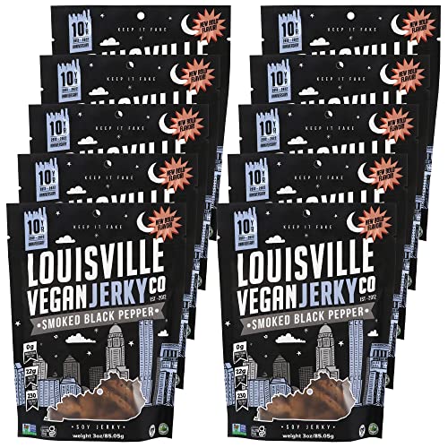 Image of Louisville Jerky Co. Smoked Black Pepper Vegan Jerky, 3 oz, 10-Pack | 5g Protein, Plant-Based Protein Snack, Vegetarian Jerky, Meatless, Savory, Ready-to-Eat, Vegan Beef Alternative, Travel Ready