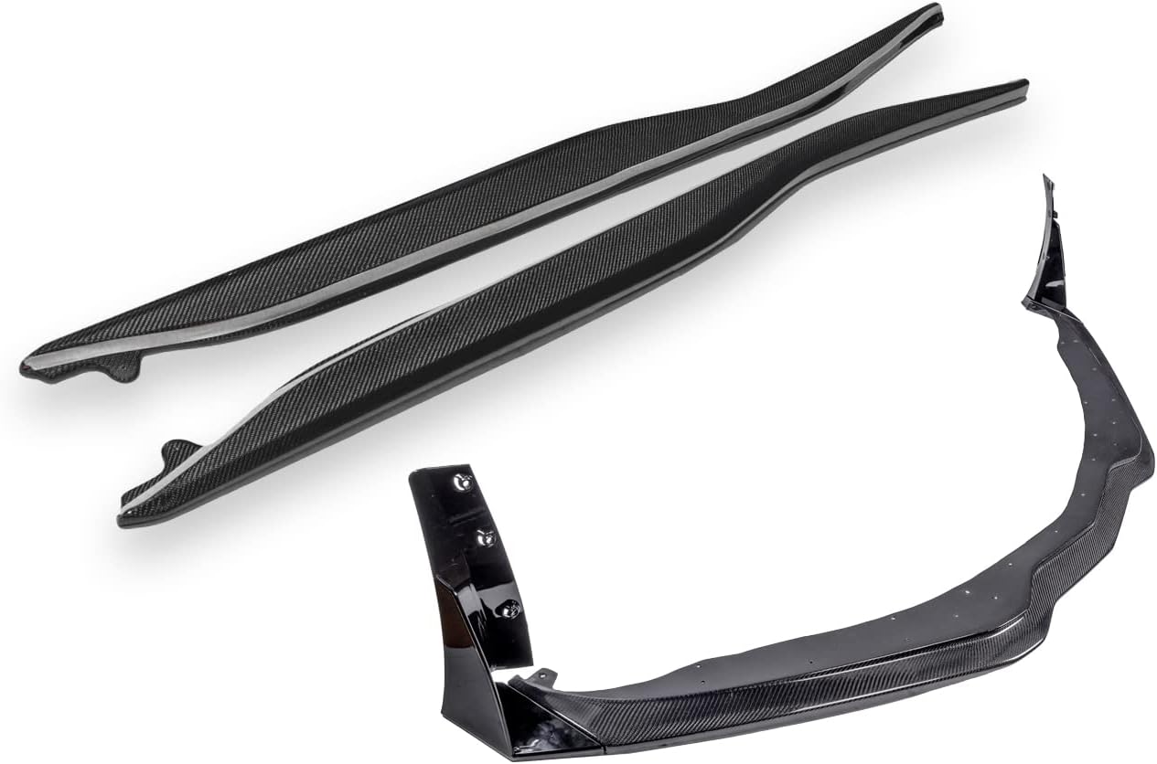 for 2014-2019 Chevrolet Corvette C7 | Z06 Stage 3 Front Bumper Lip Splitter with Painted Carbon Flash Side Extension Winglets & Side Skirts Panel Pair (Carbon Fiber)