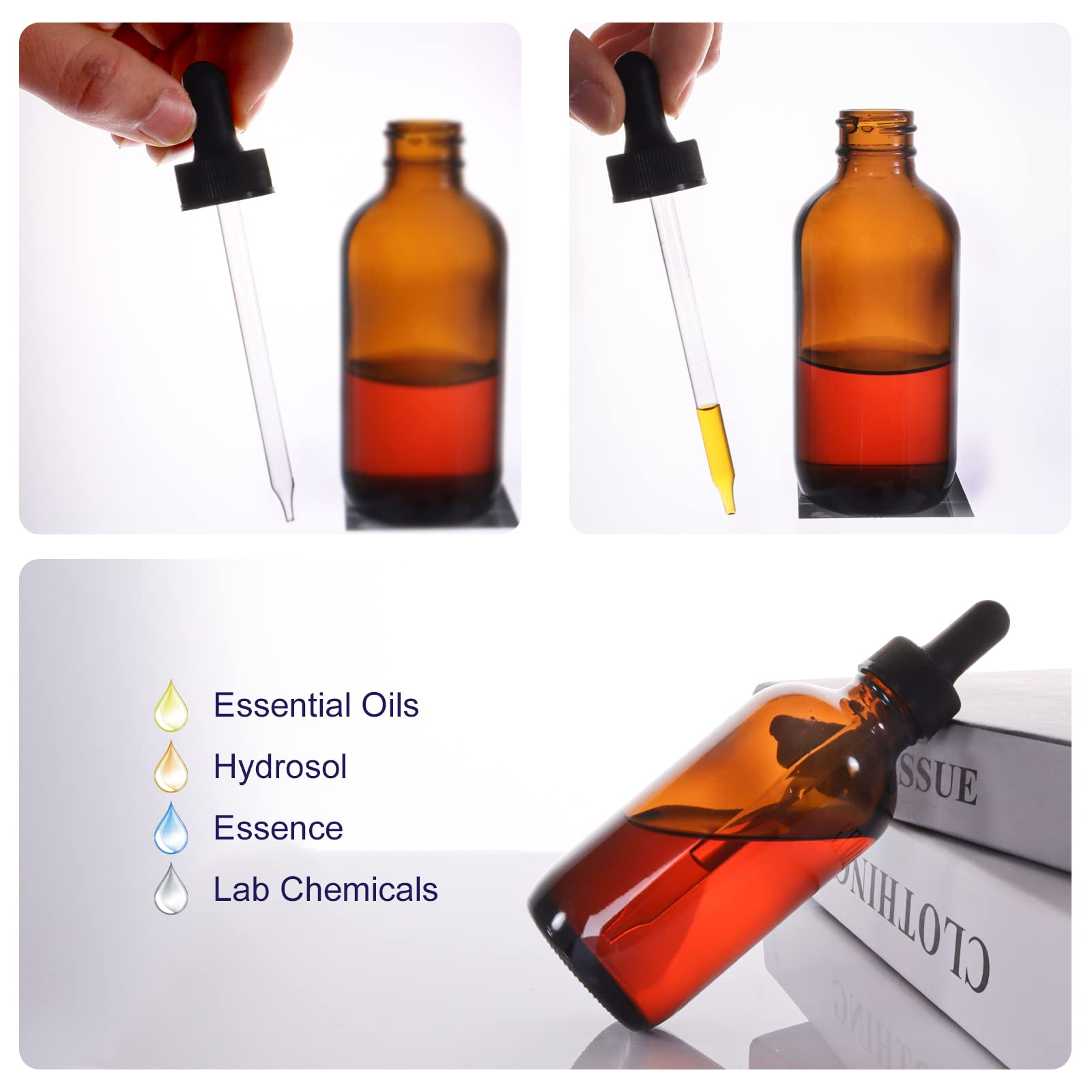 24 Stück bernsteinfarbene Glasflaschen mit Glas-Pipetten für ätherische Öle, 2 zusätzliche Tropfen, 36 Etiketten und 30 ml Messbecher im Lieferumfang enthalten)