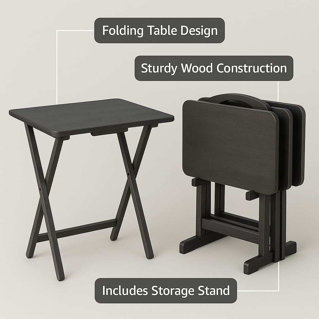 Casafoyer Dylan 5-Piece Oversize Snack Table Set, Dorian Wood Lacquered Finish, Foldable TV Trays with Matching Storage Stand, Compact and Durable Design for Living Room, Apartment, or Small Spaces