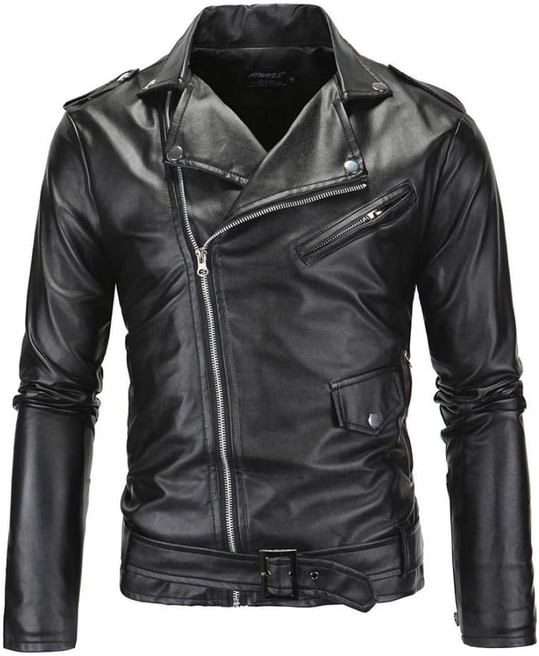 New Mens Causal Belted Design Slim Pu Leather Biker Zipper Jacket Coat (US M=L)