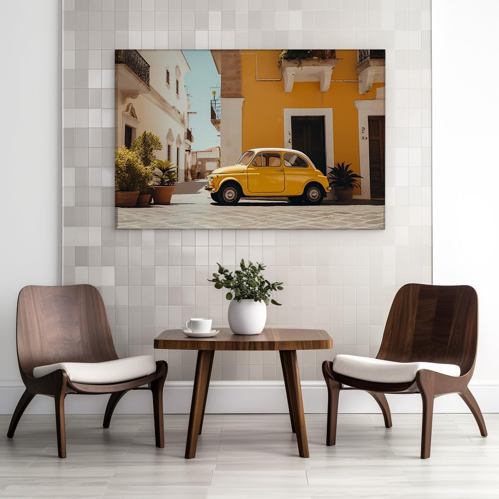 Canvas for Living room. Picturesque Charm: A Vintage Yellow Fiat 500 Nestled in a Quaint Street Scene, 27 x 18 inch Canvas Wall Art - St. Peter'S Basilica - Retro Home Decor