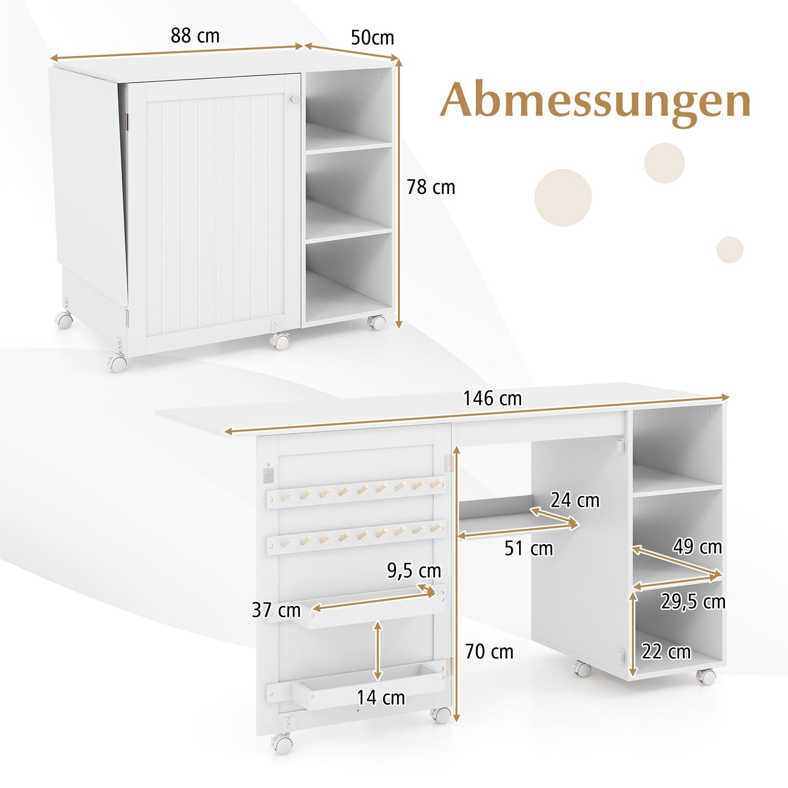 RELAX4LIFE Faltbarer Nähtisch, mehrzweck Nähmaschinenschrank mit Ablageflächen & 2 Behältern & 18 Klammern, tragbare Flexible Handwerksstation mit feststellbaren Rollen für Zuhause, Weiß