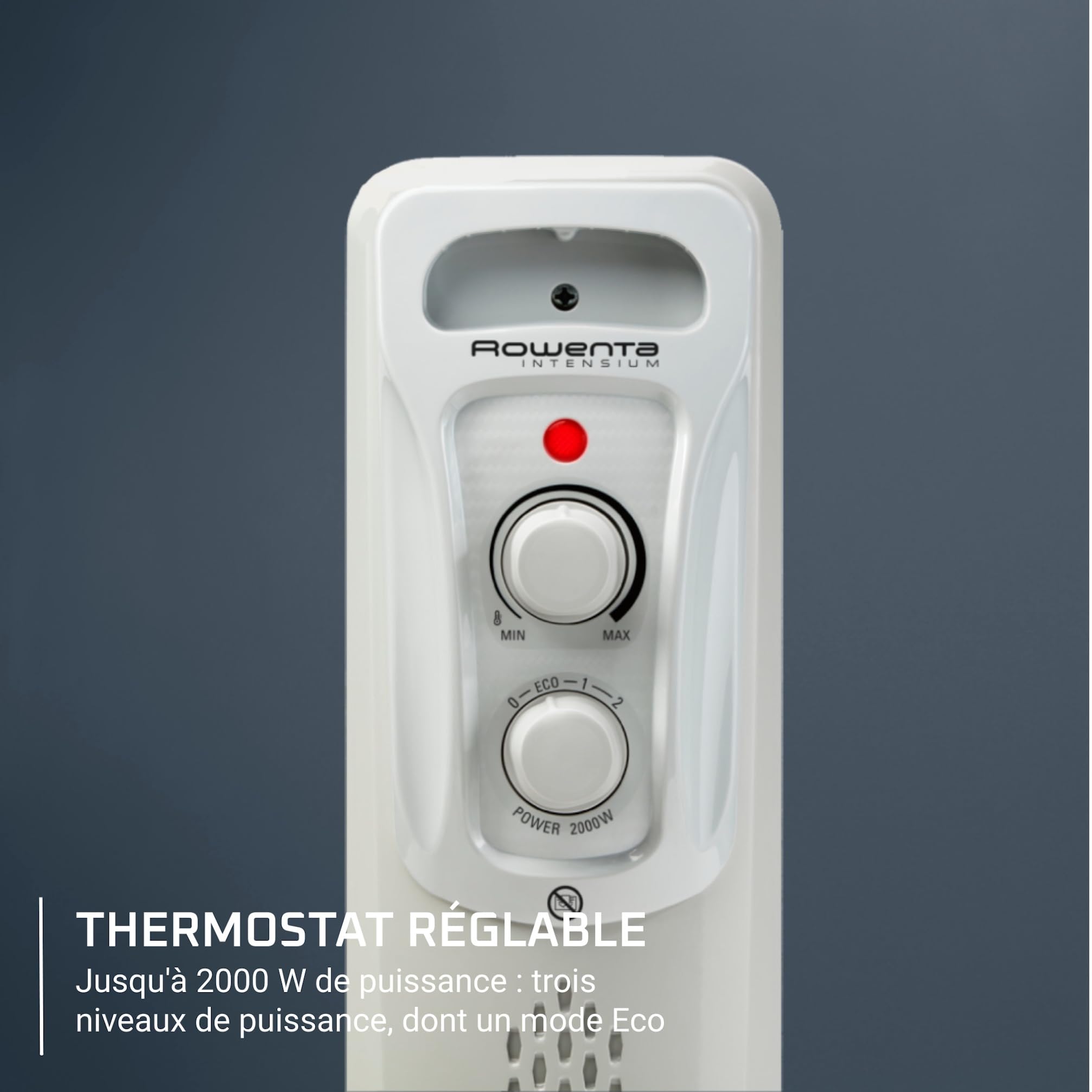 Rowenta Intensium Radiateur à bain d’huile 2000 W, Chauffage d’appoint 25 m², 3 niveaux dont Éco, Silencieux, Thermostat réglable, Sécurité anti-basculement & surchauffe, Poignée & roulettes, BU2620F0