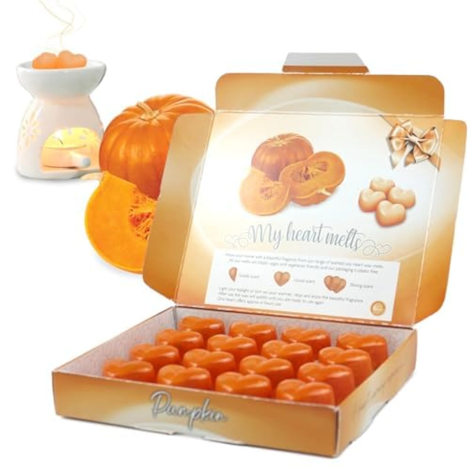 Pumpkin Wax Melts; 16 x 6g Heart Shaped Pumpkin Scented Soy Wax Melts, Spiced Orange and Vanilla, Recycled Plastic Tray and Lid, Luxury Printed Gift Box, Pet Friendly, Cruelty Free by Spotless Leopard