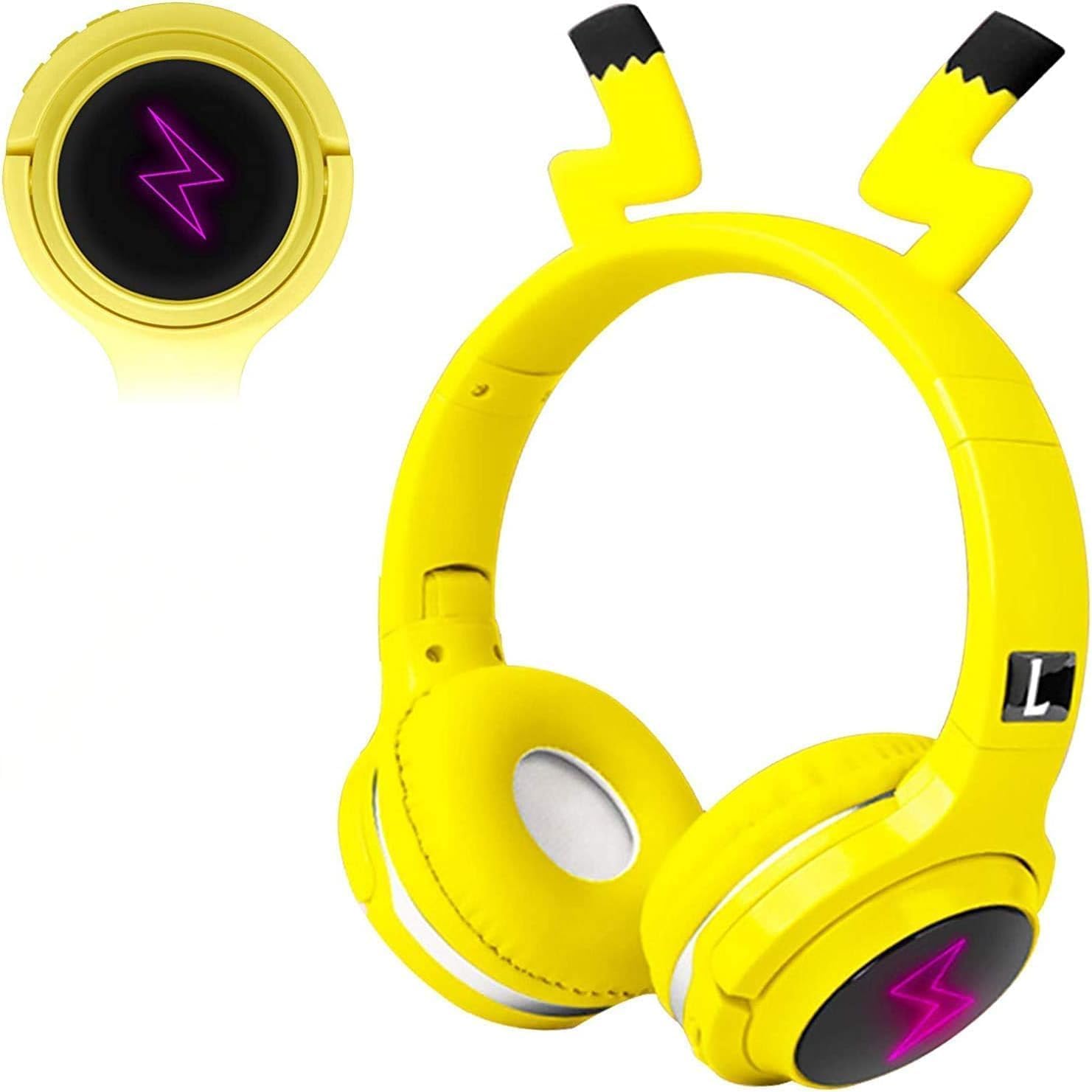 Yellow Kids Bluetooth Headphones, Cartoon Wireless Headphone with Microphone Includes Aux Cord, Volume Reduced Kids Foldable Headest for School, Home, or Travel, PKQ-01