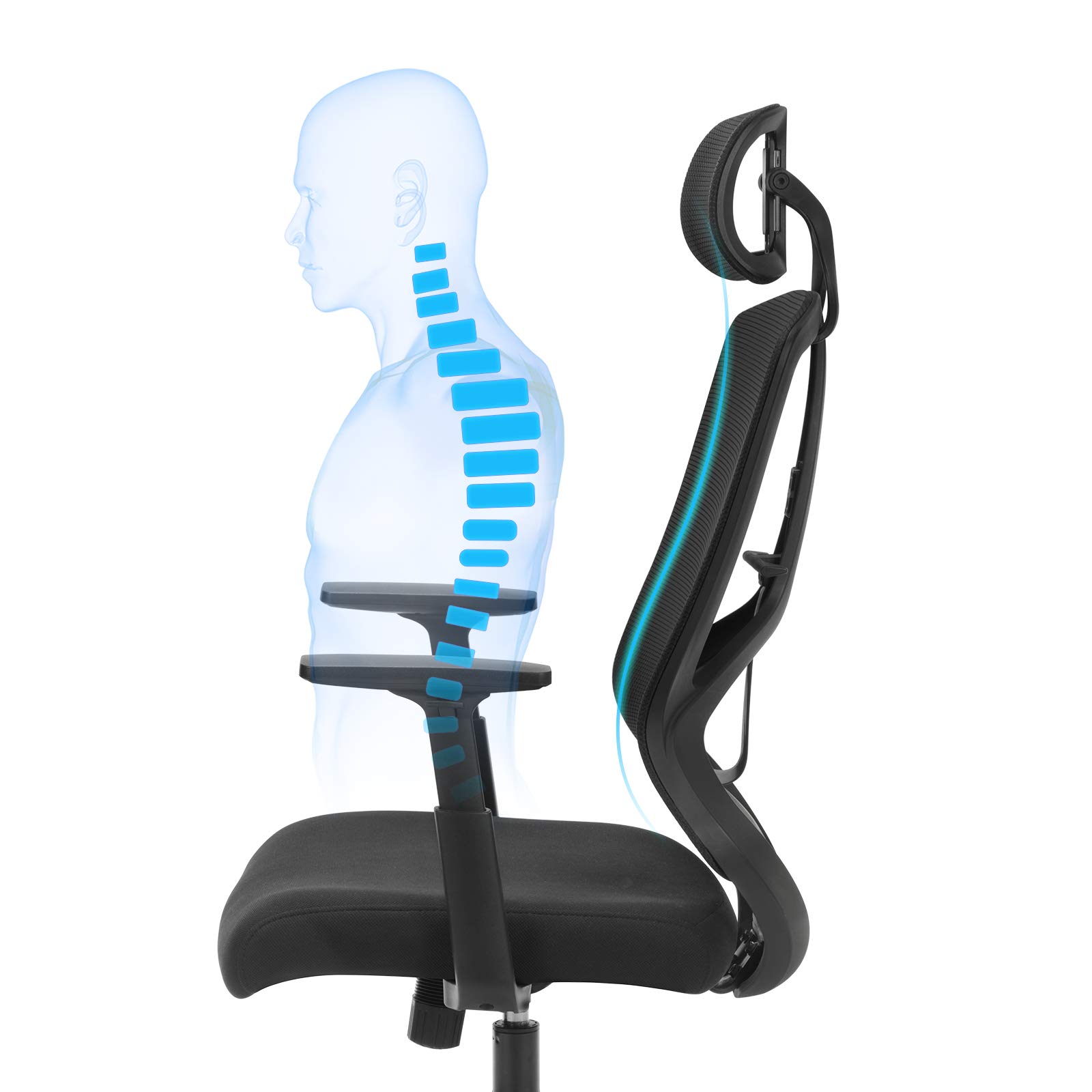 SONGMICS Sedia da Ufficio, Poltrona Girevole Ergonomica, con Braccioli Pieghevoli, Base a Stella