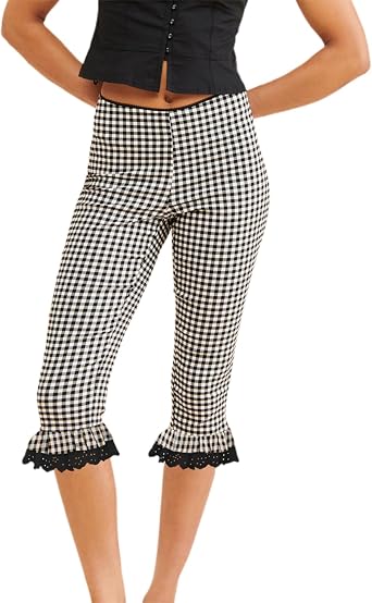 Womens Gingham Capri Pants High Waisted Skinny Fit Lace Cuffs Plaid Short Pants Summer Capris Leggings