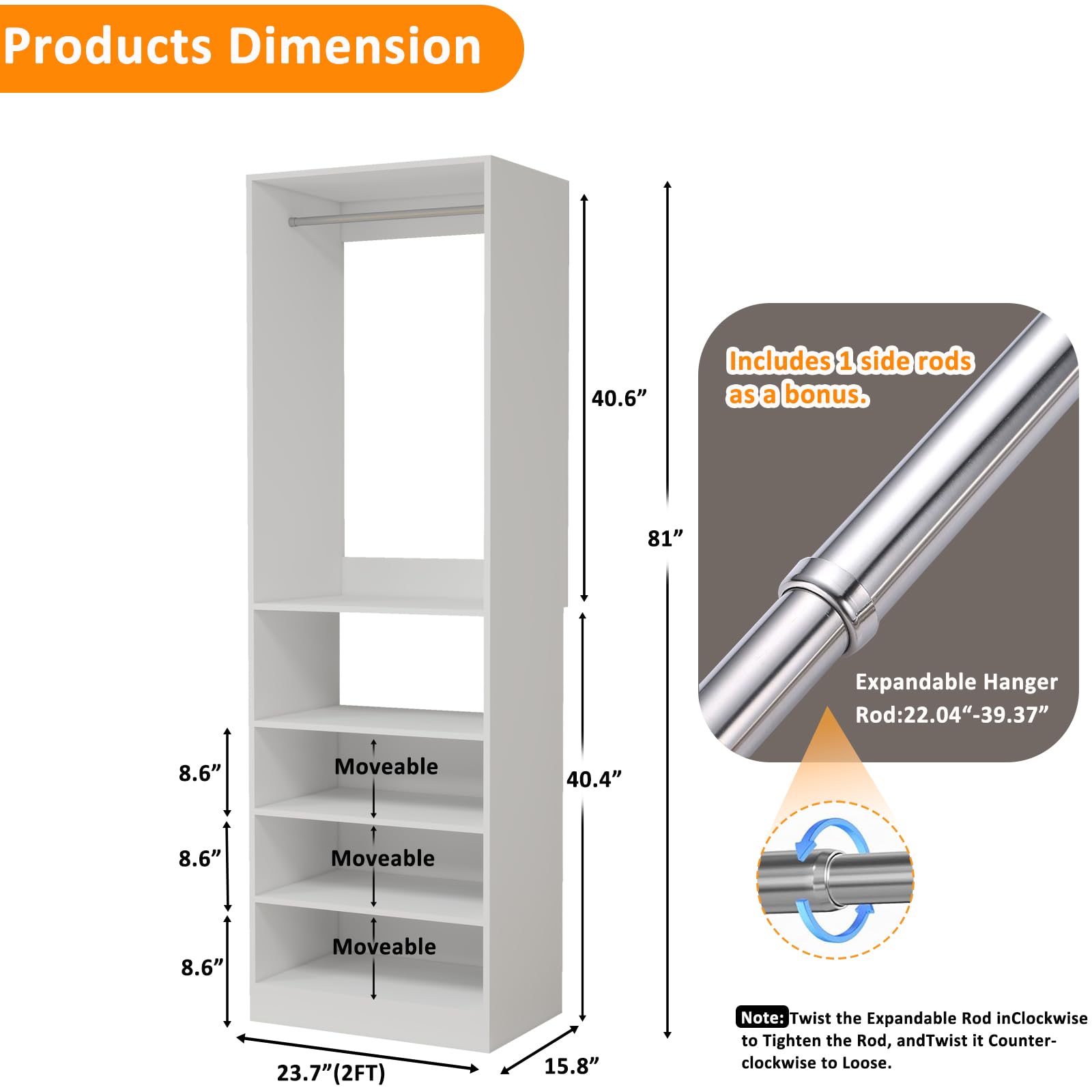 Secilix Free Standing Closet Organizer System for Walk-In Closets - 2FT Adjustable Shelving Unit with Shoe Storage & 1 Extra Hanging Rod Engineered Wood Closet Shelving System (2FT)