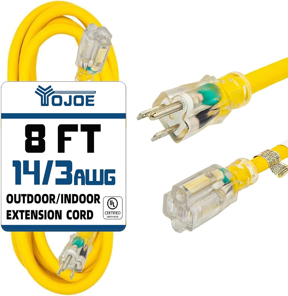 Indoor Outdoor Extension Cord with Lighted End, 3 Prong 15A Weatherproof Power Cord, 14 Gauge Heavy Duty 8 ft Yellow Extension Cord for Garage, Garden and Home, 14/3 SJTW UL Certified