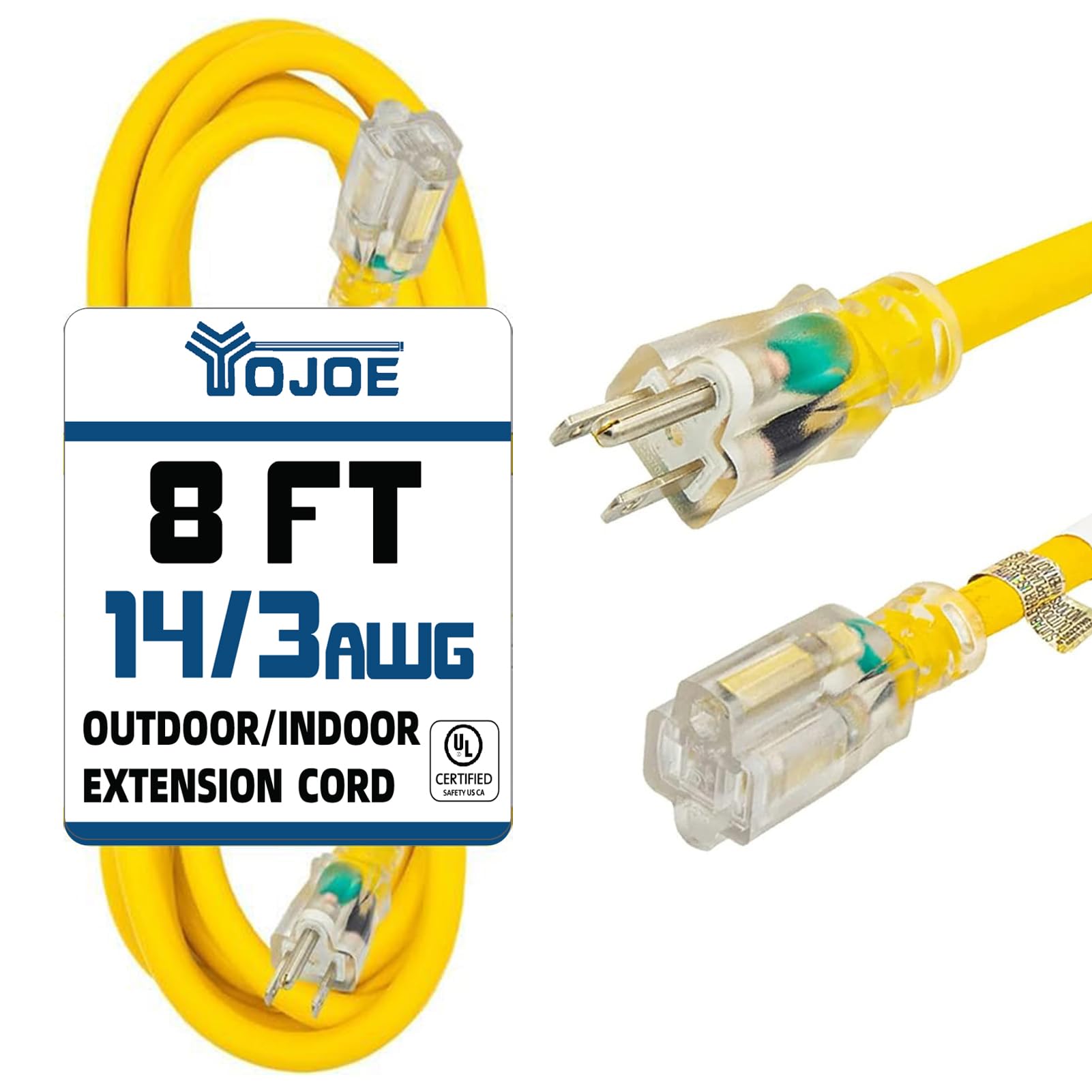 YOJOE Indoor Outdoor Extension Cord with Lighted End, 3 Prong 15A Weatherproof Power Cord, 14 Gauge Heavy Duty 8 ft Yellow Extension Cord for Garage,