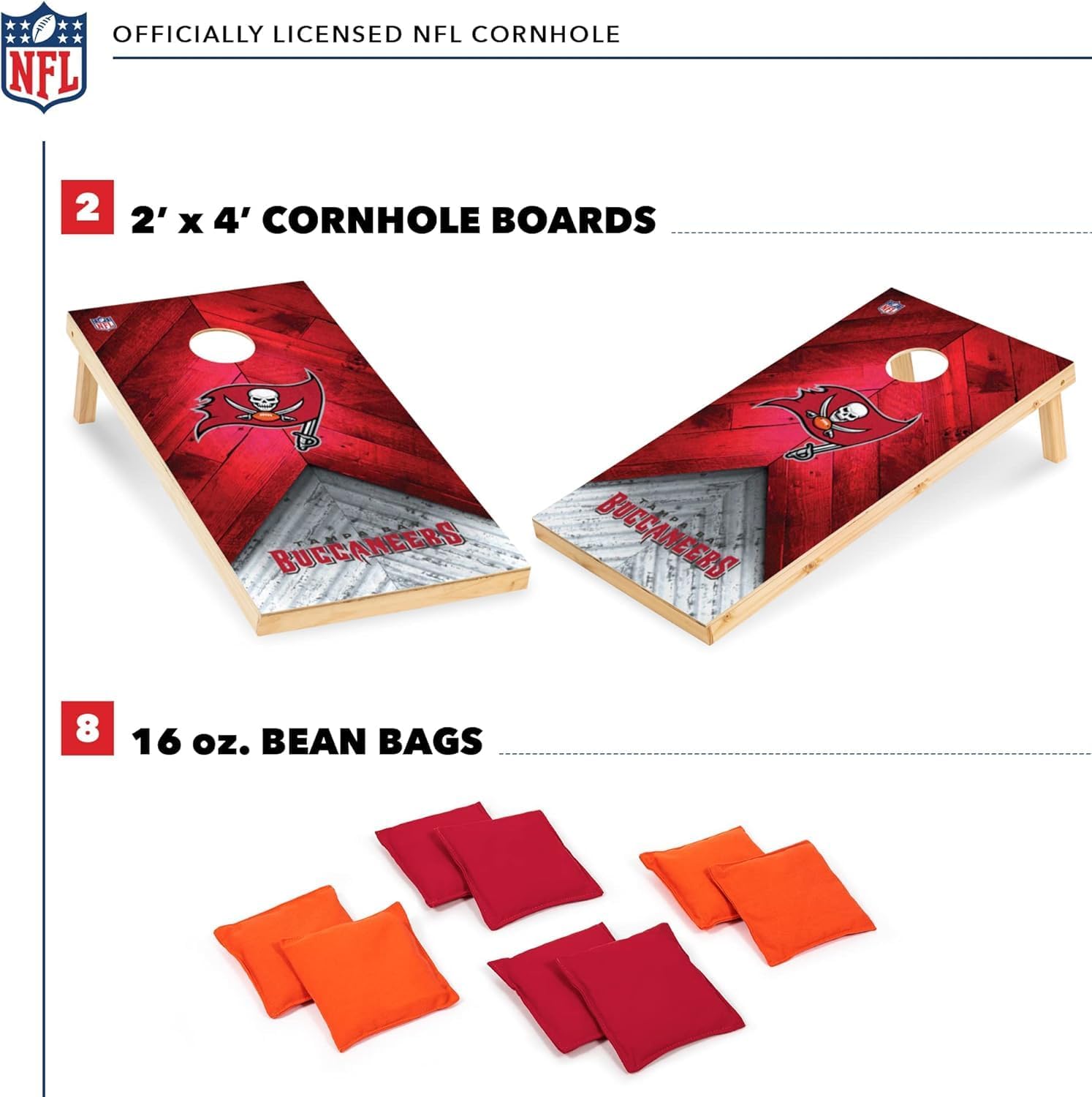 Wild Sports NFL Tampa Bay Buccaneers 2' x 4' Regulation Size Solid Wood Cornhole Set with Direct Print HD Team Graphics