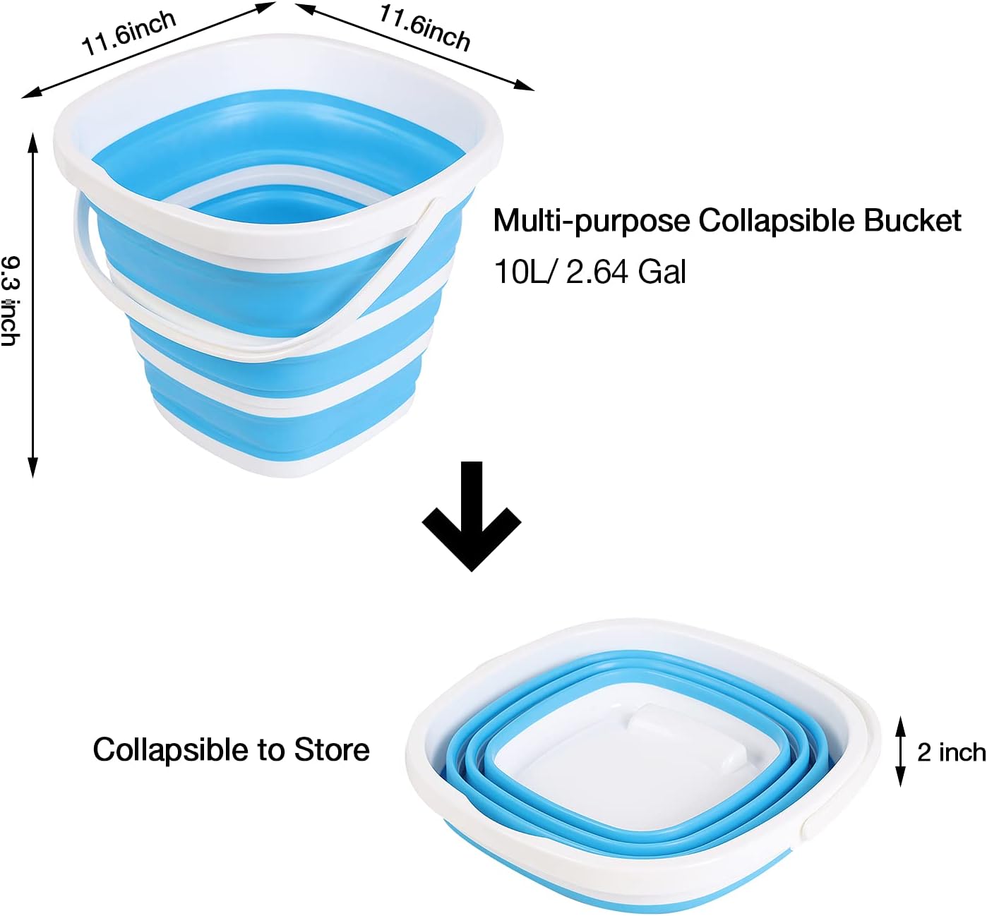 Collapsible Plastic Bucket with Handle - 2.6 Gallon (10L) Portable Cleaning Bucket Foldable Water Tub for Household Car Wash - Space Saving Outdoor Fishing, Garden, Camping Water Pail, 2 Pack : Health & Household