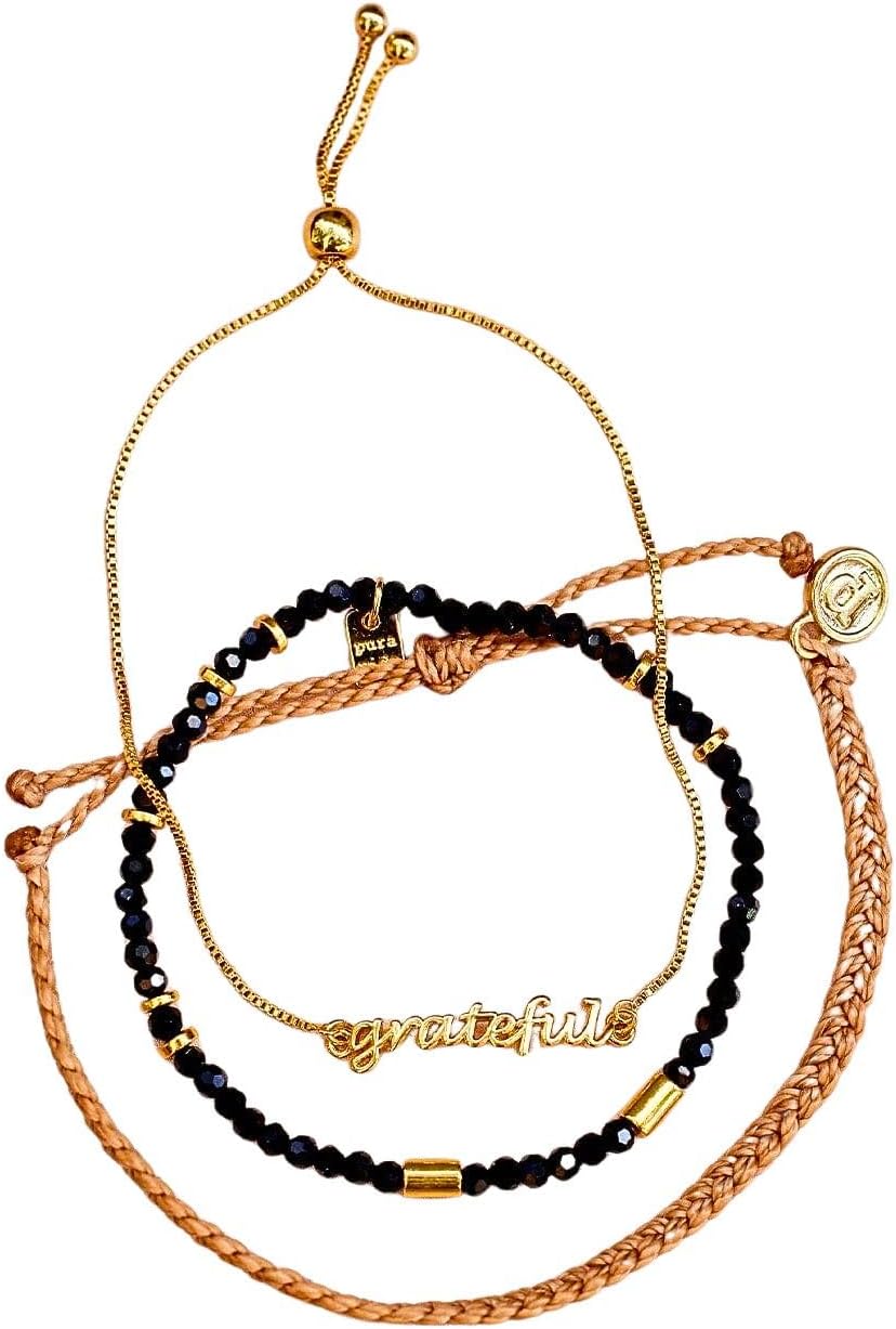 Pura Vida The Grateful Pack Bracelet Set, Adjustable Waterproof Light Grey Braided Design, Grateful Gold Plated Brass and Black Beaded Stretch Design, Unisex Teen-Adult Collection