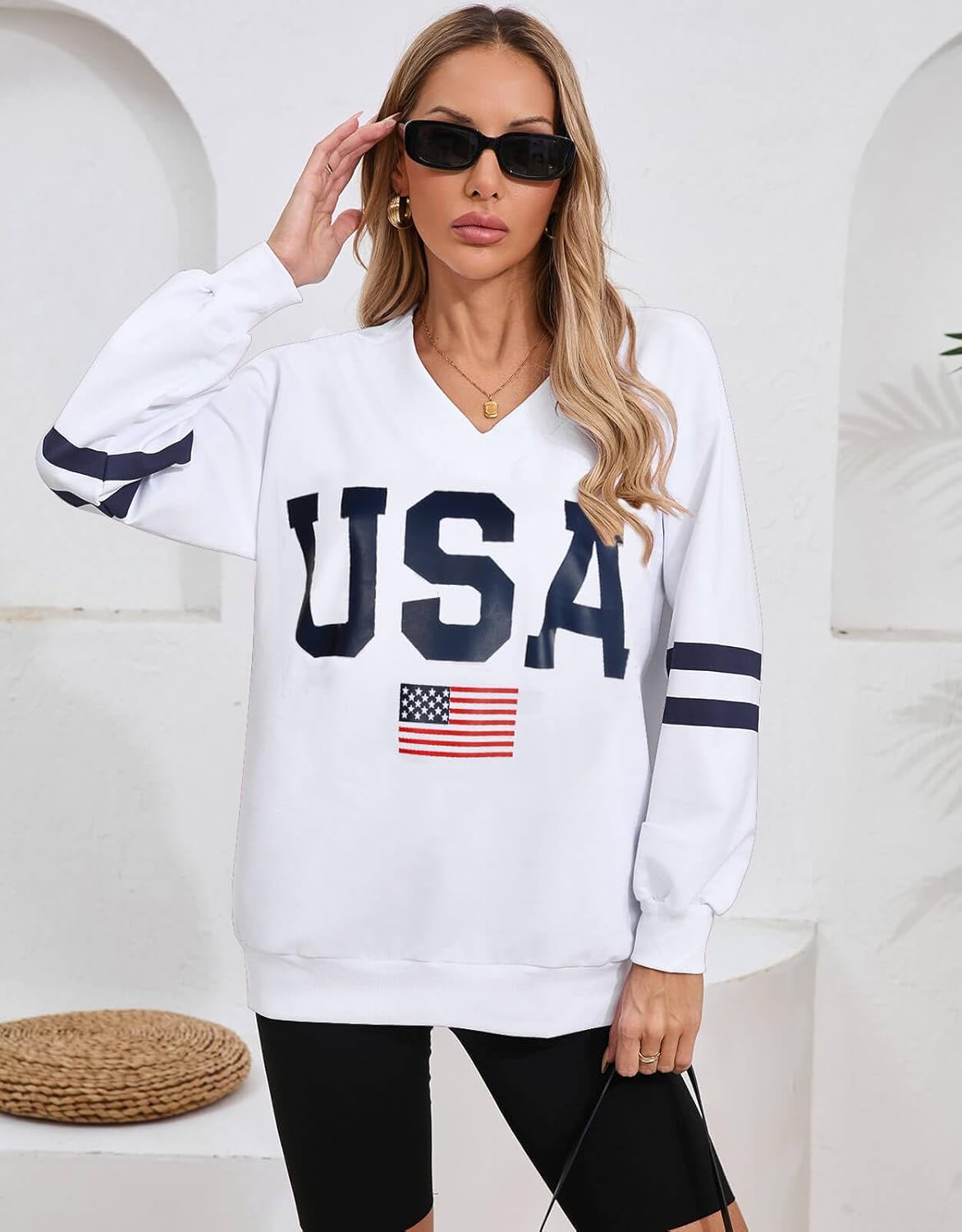 Alsol Lamesa Womens American Flag Sweatshirts Long Sleeve V Neck Loose 4th of July Outfits Flag Tops - Image 6