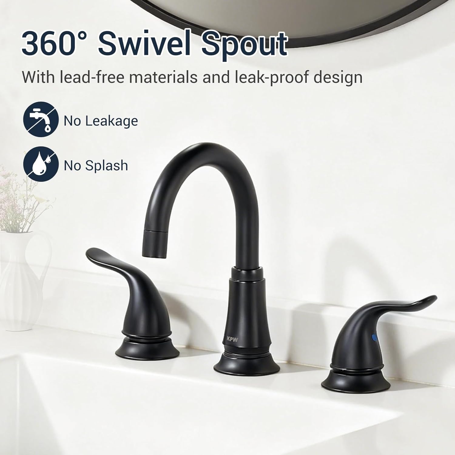 KPW Matte Black Bathroom Faucet 3 Hole, 8 Inch Widespread Bathroom Sink Faucet with Pop-up Drain Assembly and Supply Lines, Two Handle for Lavatory, Restroom