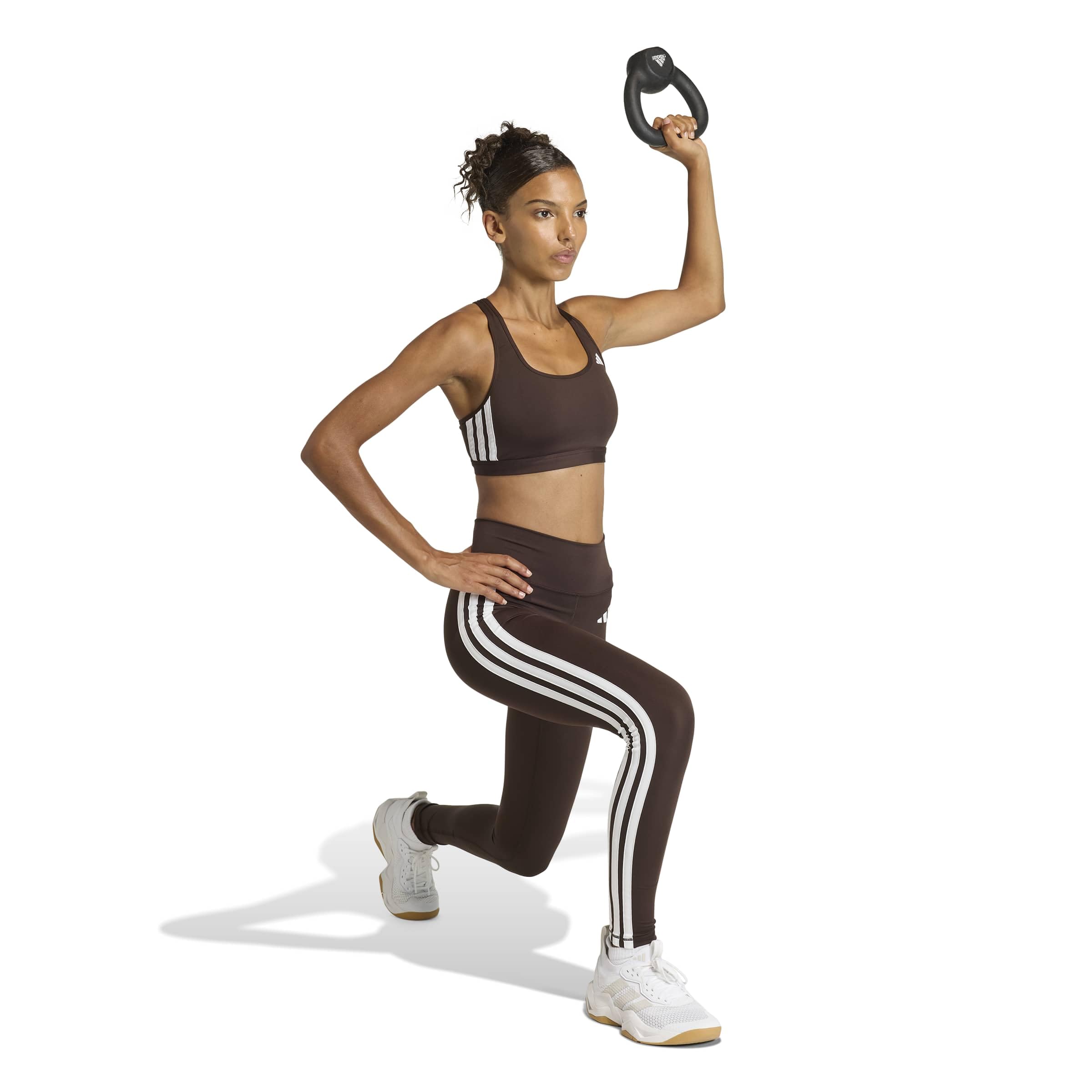 adidas dames Optime Essentials Workout 3-Stripes Medium Support Bra, Aurora Coffee Met./white, S